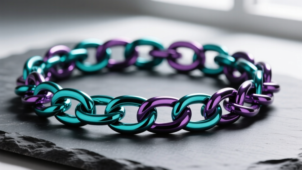 Macro shot of a woven Byzantine chain of anodized niobium jump rings in bright teal and purple resting on a dark slate surface.