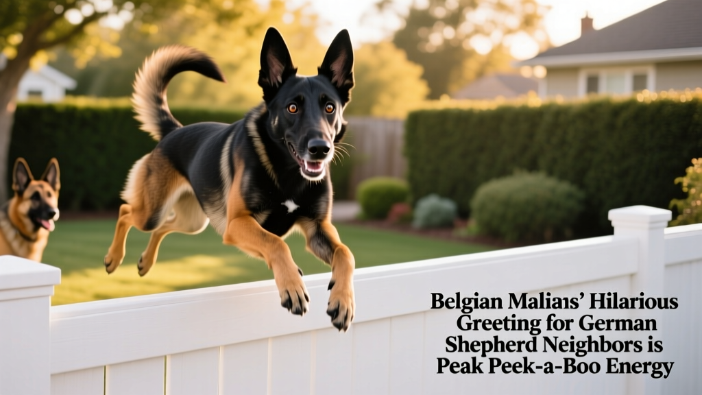 A Belgian Malinois playfully bouncing at the top of a white backyard fence, peeking over with bright, alert eyes