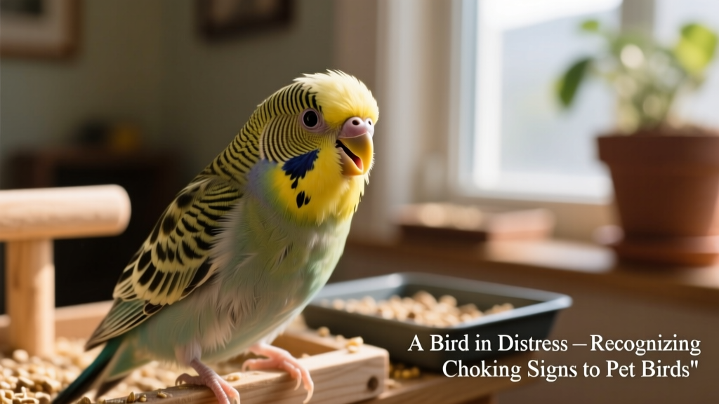 Close-up of a small pet bird with beak slightly open, appearing distressed