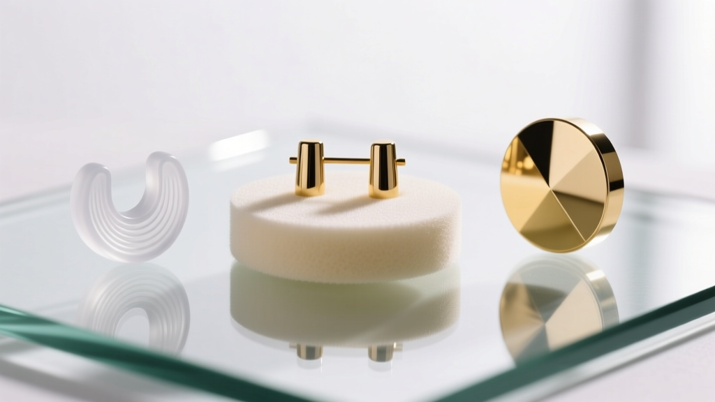 Macro shot of three earring supports on glass: a round foam pad, a clear silicone lifter, and a gold stabilizer disc.