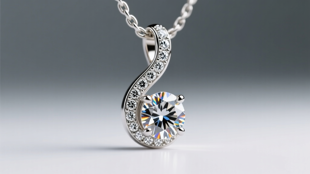 Macro photo of VVS diamond melee pave set into a curved 14k white gold pendant bail showing prong details under studio lighting