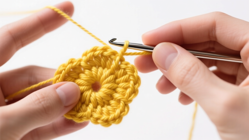 Close-up of hands forming a double crochet petal stitch in yellow thread with a 1.75mm steel hook under bright studio lighting