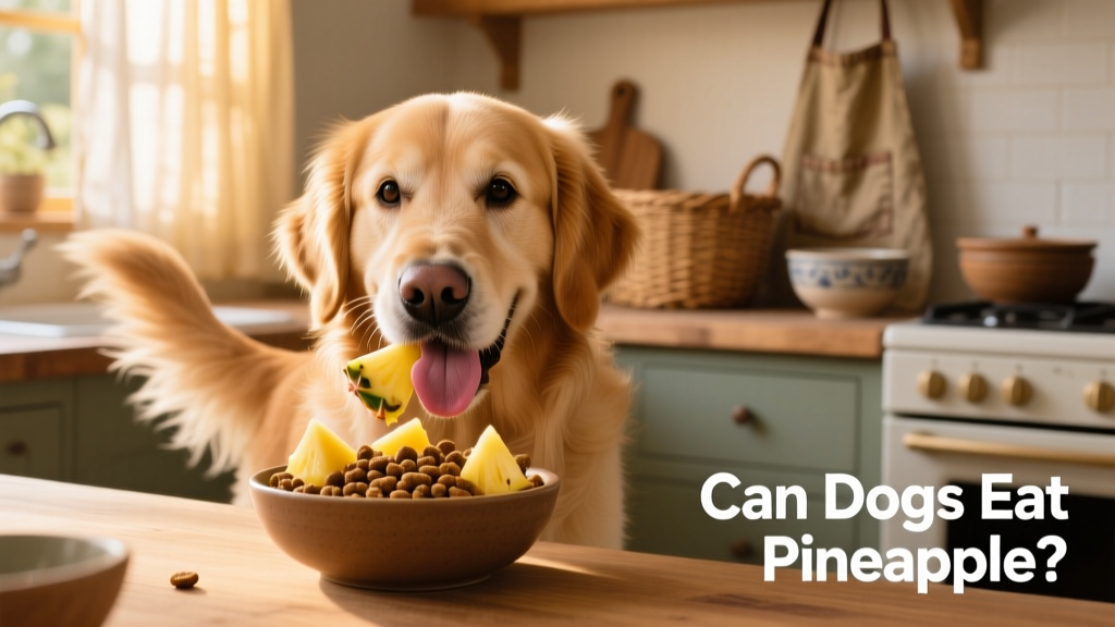 A dog happily eating pineapple pieces mixed into a bowl of kibble