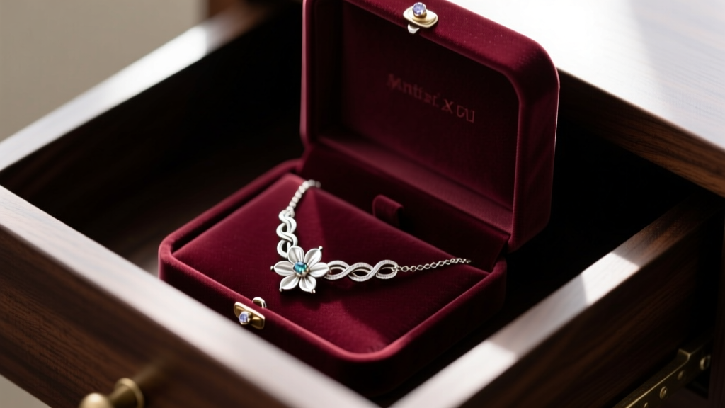 An open anti-tarnish velvet jewelry box containing a coiled mini squash blossom necklace, placed inside a dark wooden drawer.