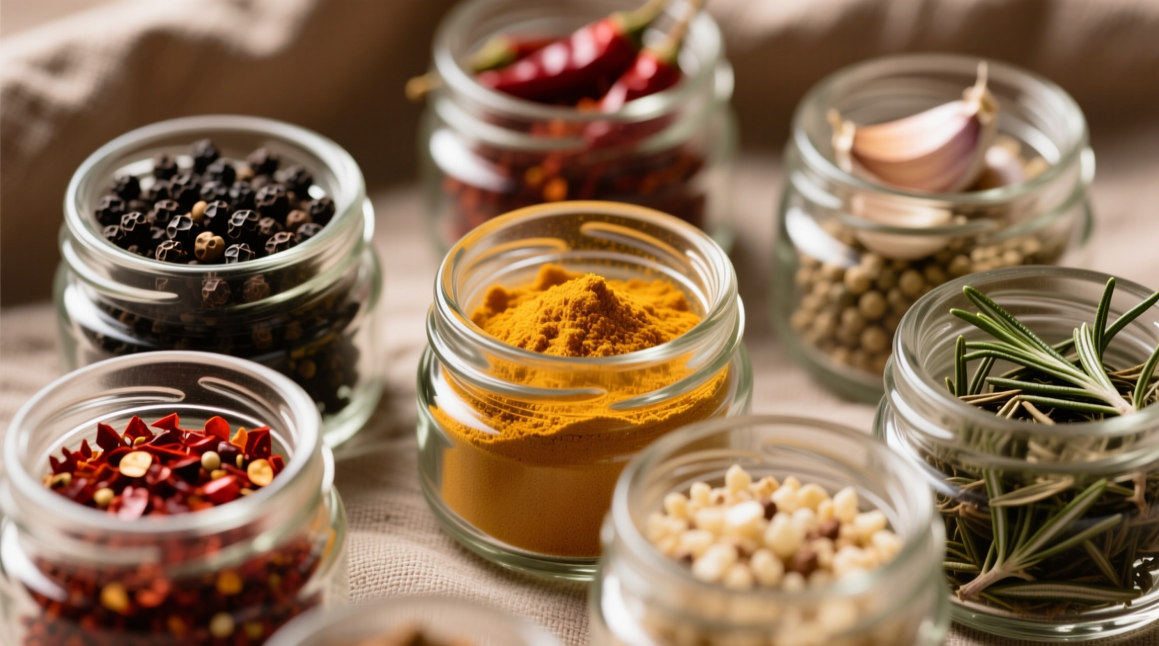 Close-up of steak spice ingredients in glass jars