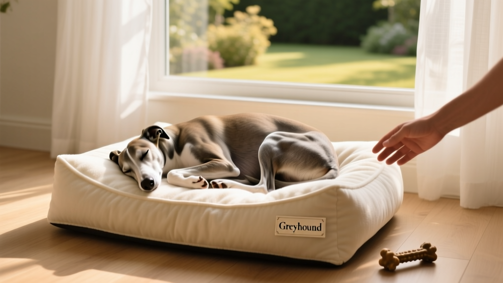 A Greyhound curled up asleep on a plush dog bed beside a sunlit window