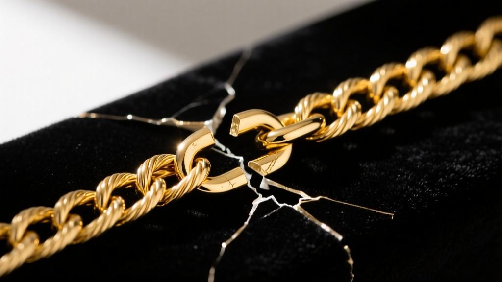 Close-up of a broken 14k yellow gold cable chain resting on a dark velvet jeweler's mat with precision tweezers and a loupe nearby