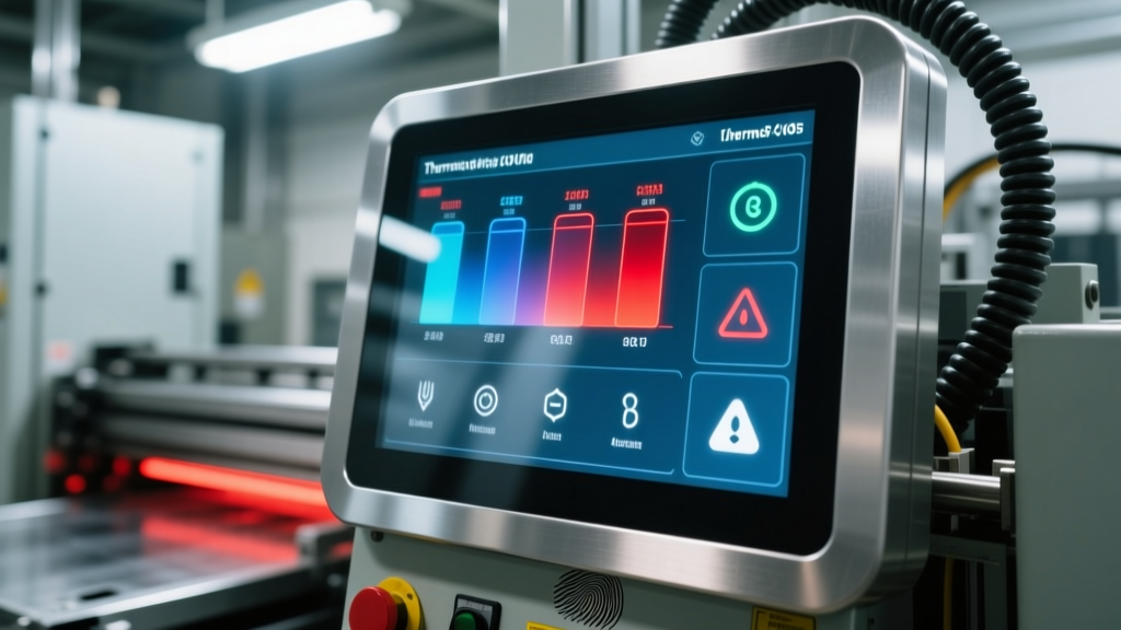 Close-up of a thermoforming machine diagnostic dashboard displaying real-time heating element temperatures and predictive maintenance alerts.
