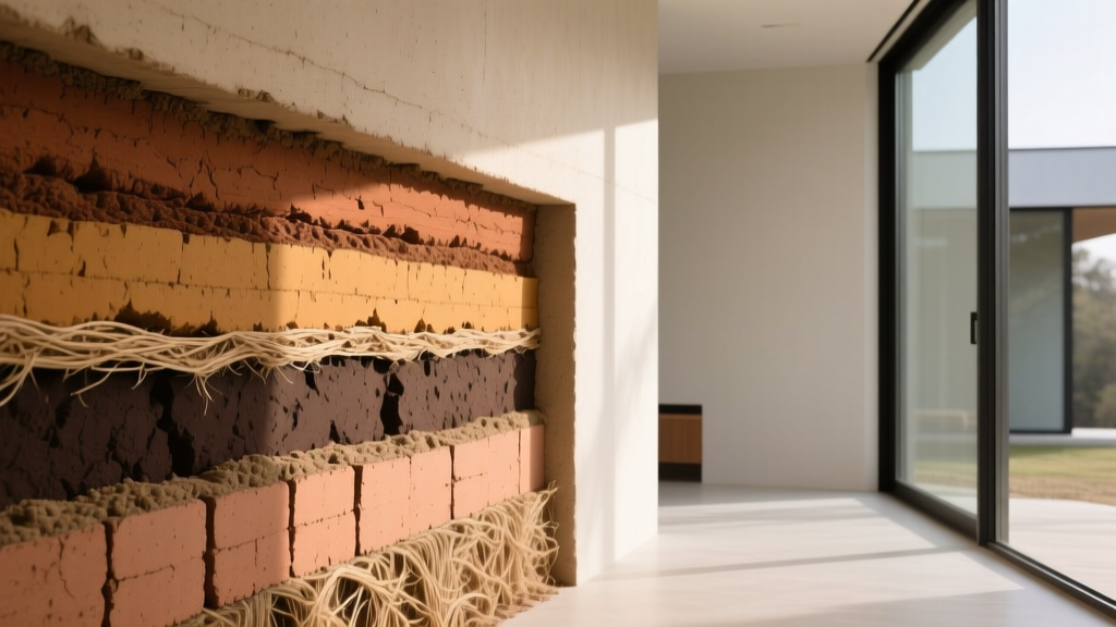 Cross-section of a rammed earth wall revealing layered soil strata next to hempcrete blocks in a modern sustainable home
