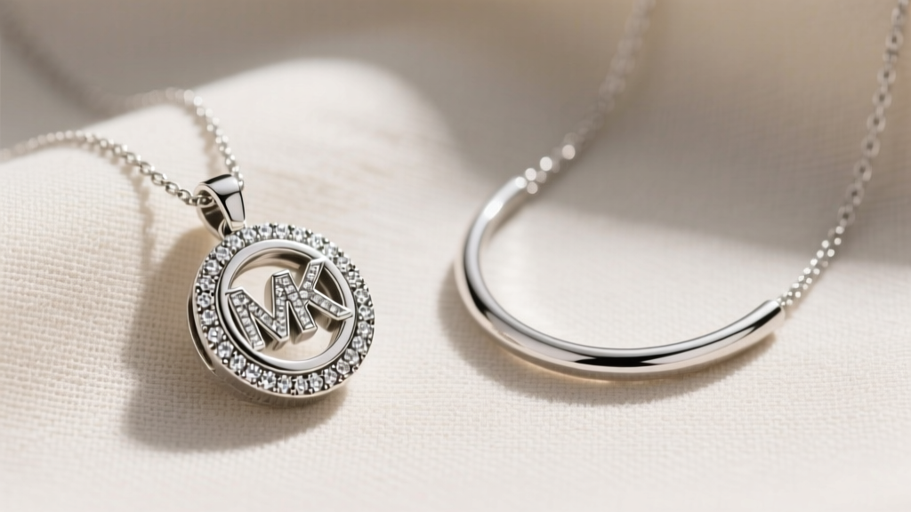 Side-by-side comparison of a Michael Kors silver pavé pendant and a solid sterling silver Mejuri necklace on neutral linen fabric