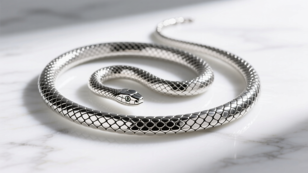 Sterling silver Elsa Peretti snake necklace coiled on white marble, showing oxidized crevices between polished silver scale links.