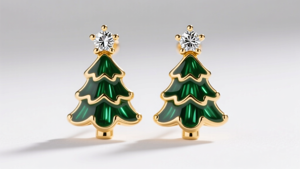 Macro shot of 14k gold Christmas tree stud earrings featuring vibrant green vitreous enamel and a tiny bezel-set diamond star top