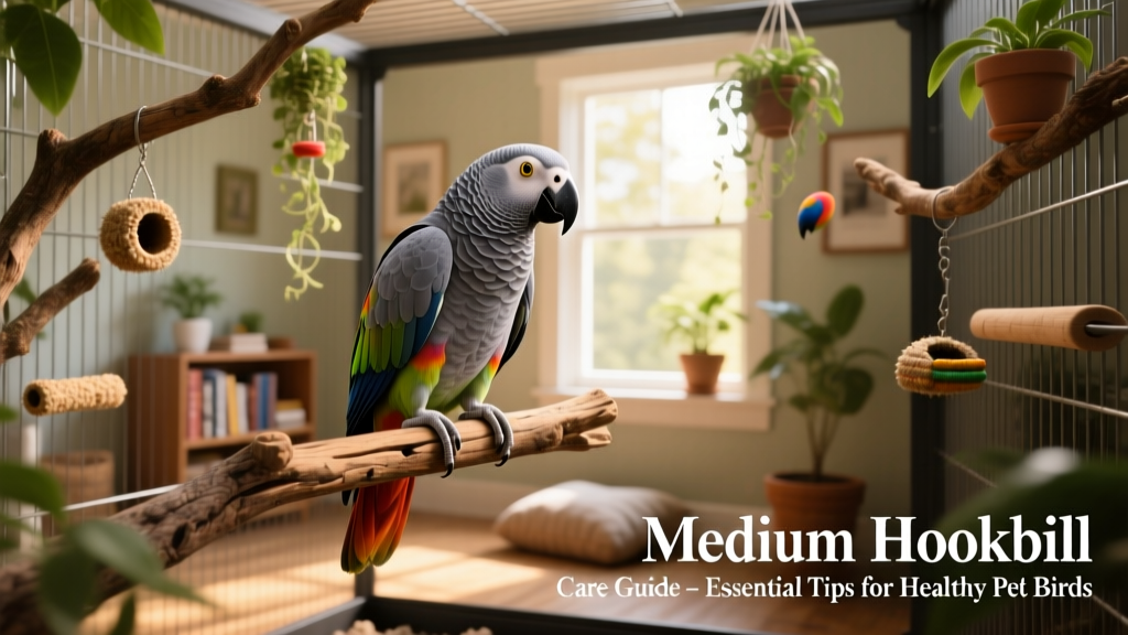 A vibrant medium hookbill perched on a natural wood perch inside a spacious, enriched cage