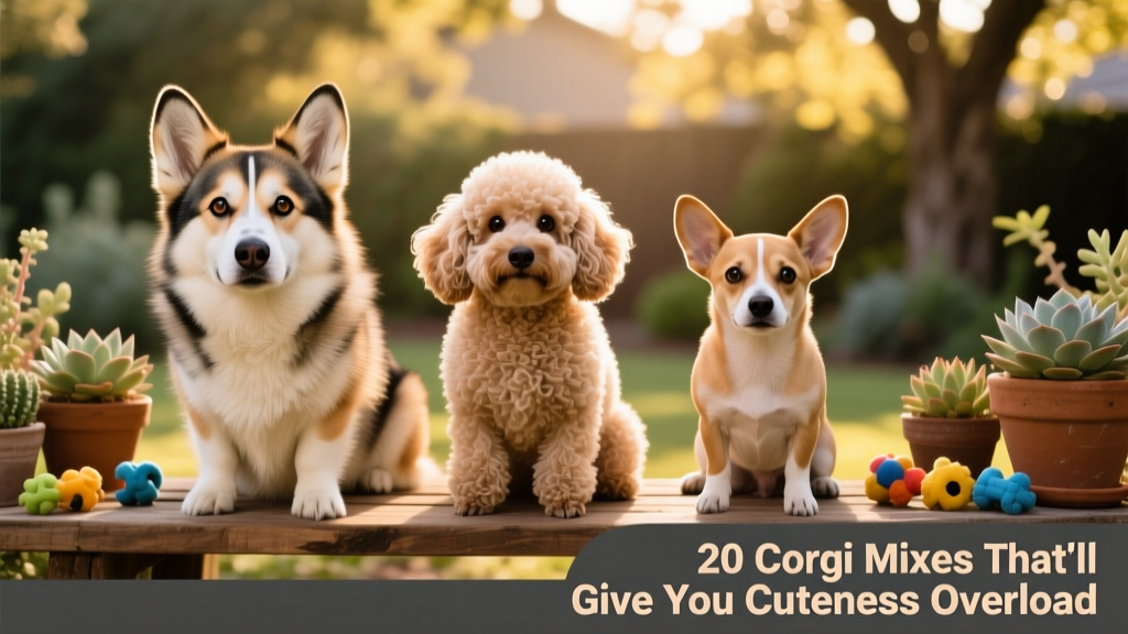 Side-by-side comparison of three popular Corgi mixes: Horgi, Corgipoo, and Chorgi, each showing distinct facial features and coat textures