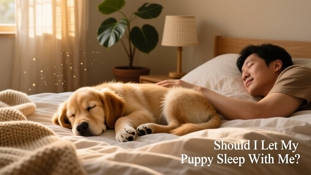 A calm, sleepy puppy resting peacefully beside a human on a cozy bed