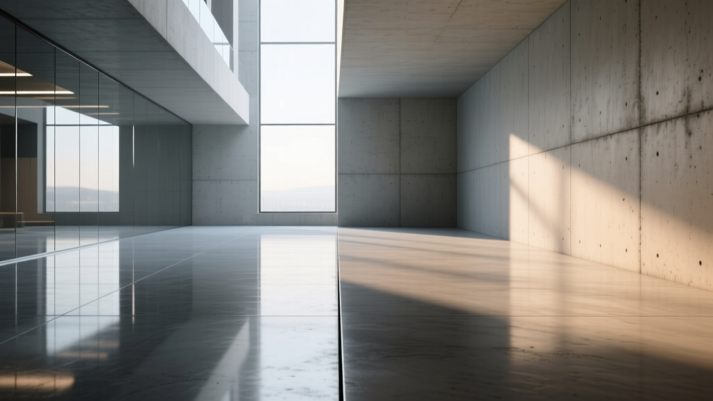 Split-view floor showing highly reflective mechanically polished concrete on the left and matte sealed concrete on the right.