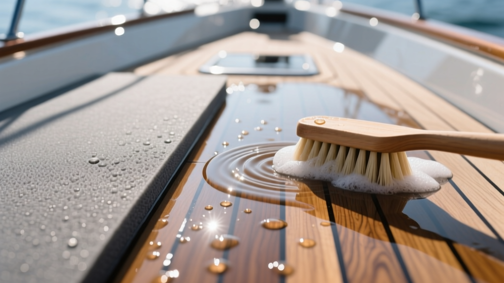 Close-up of a boat deck featuring gray EVA foam and synthetic teak marine flooring options being scrubbed with a soft brush and soapy water