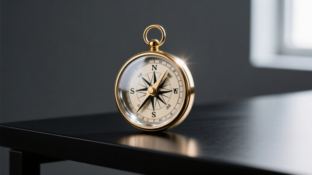 Brass compass pendant on a dark desk, soft lighting highlighting the glass crystal face and engraved cardinal direction markers.