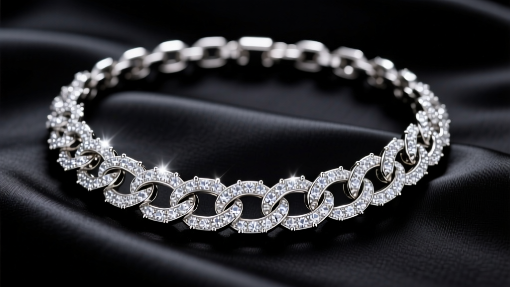 10mm iced-out Cuban icing necklace on black fabric, showing micro-pave cubic zirconia stones under bright studio lighting.