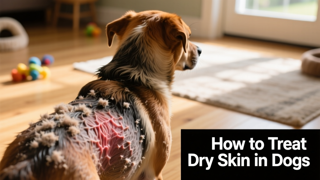 Close-up of a dog's flaky, dry skin on its back, showing visible dandruff and mild redness
