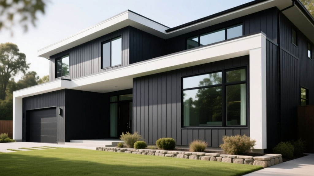 Modern home exterior featuring dark charcoal James Hardie vertical panel siding with contrasting white trim and large black-framed windows