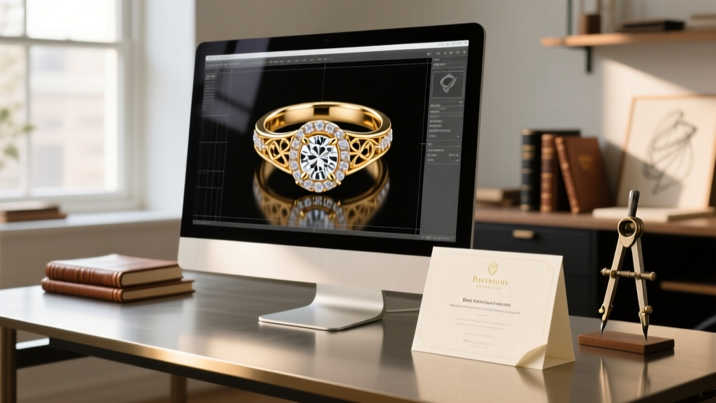 Jeweler desk showing a custom ring CAD design on a monitor next to a printed gift certificate for bespoke jewelry design services