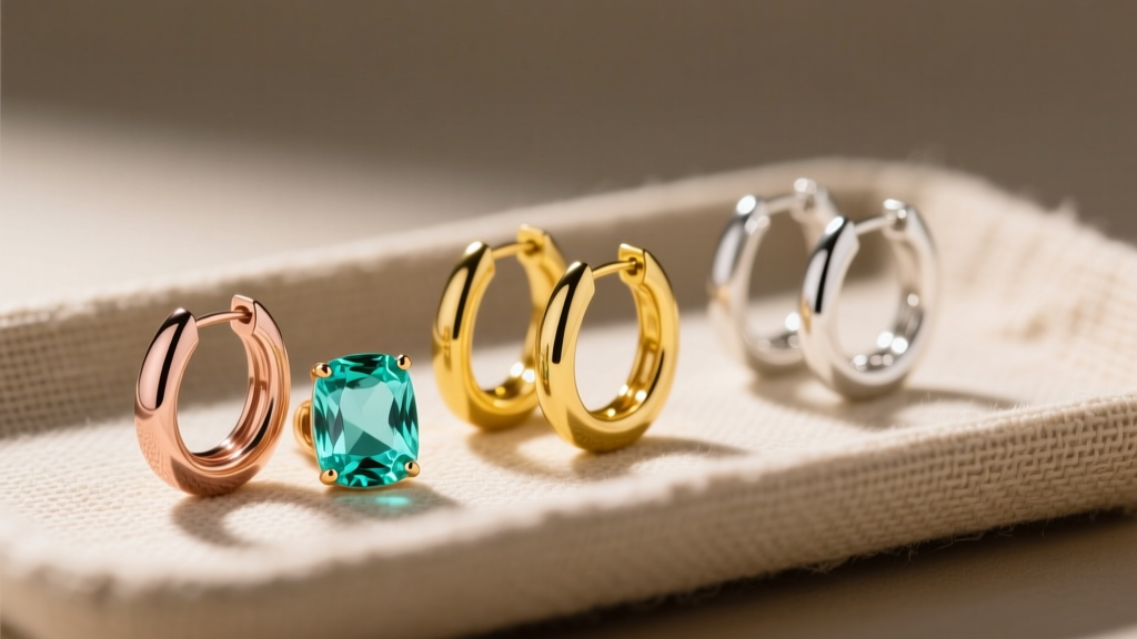 Aquamarine huggie hoops in rose, yellow, and white gold resting on a textured linen jewelry tray under soft, warm studio lighting.