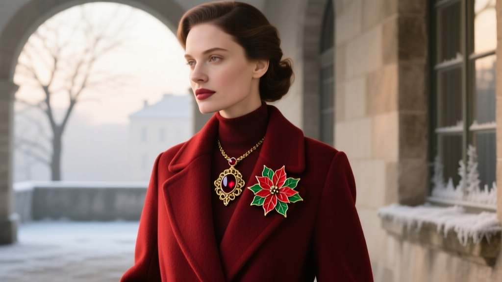Woman wearing a Victorian garnet pendant and retro enamel poinsettia lapel pin on a dark red wool winter coat in soft daylight