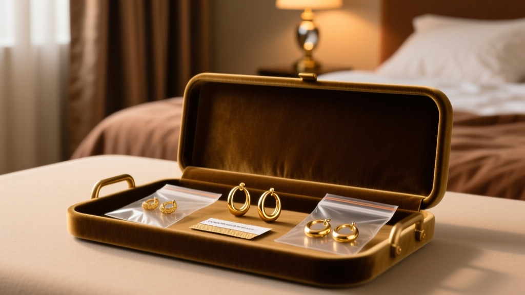Open velvet tray with anti-tarnish strips and clear zip bags holding demi-fine gold hoop earrings, warm cozy bedroom lighting