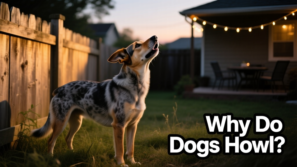A mixed-breed dog howling softly at twilight in a quiet backyard