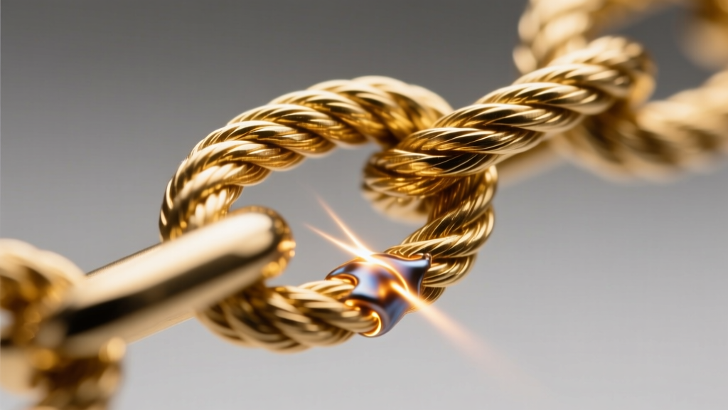Close-up of a soldered gold rope chain link showing the laser weld point and twisted metal grain structure under studio lighting