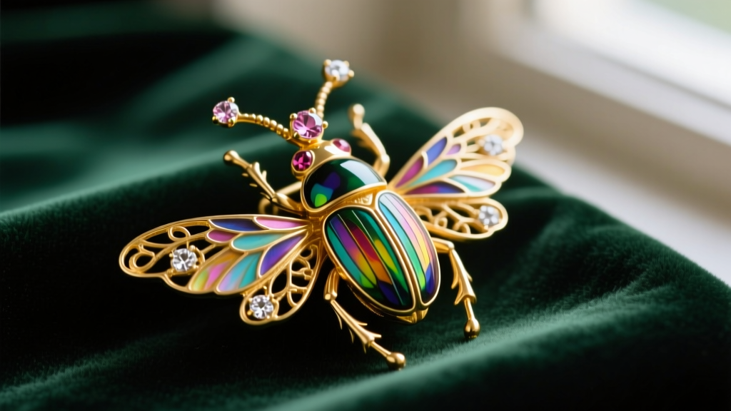 Macro photography of a mid-Victorian 15k gold and enamel beetle brooch with rose-cut diamond antennae resting on dark green velvet