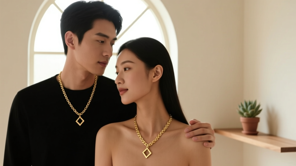 Young couple wearing matching minimalist 14k gold wheat chain necklaces with subtle geometric pendants in soft natural lighting
