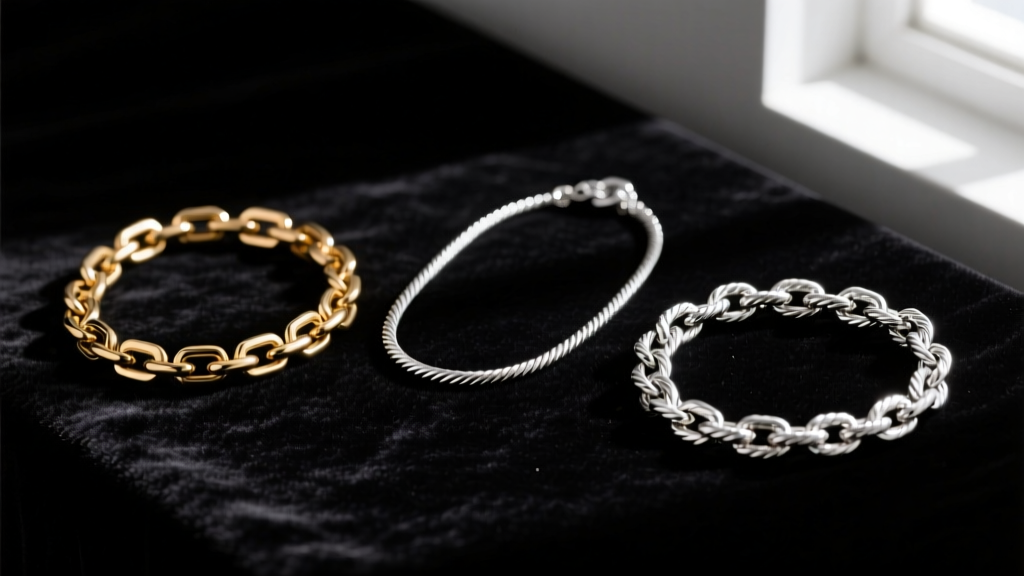 Three mood necklace chains on dark velvet: a basic brass link, a surgical steel rope, and a premium sterling silver box chain