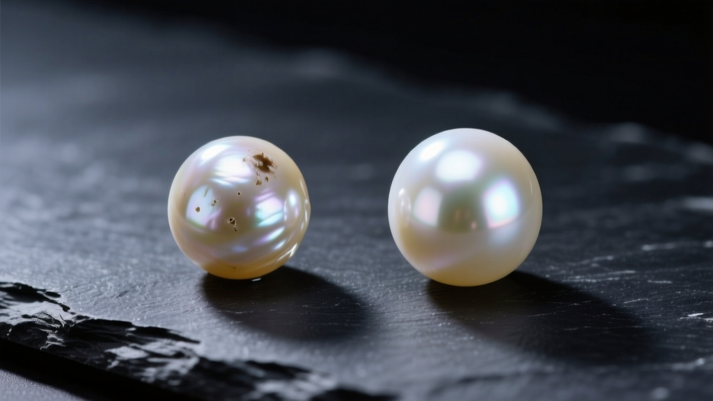Macro comparison of a blemished freshwater pearl and a flawless AAA Akoya pearl on dark slate under bright studio lighting.
