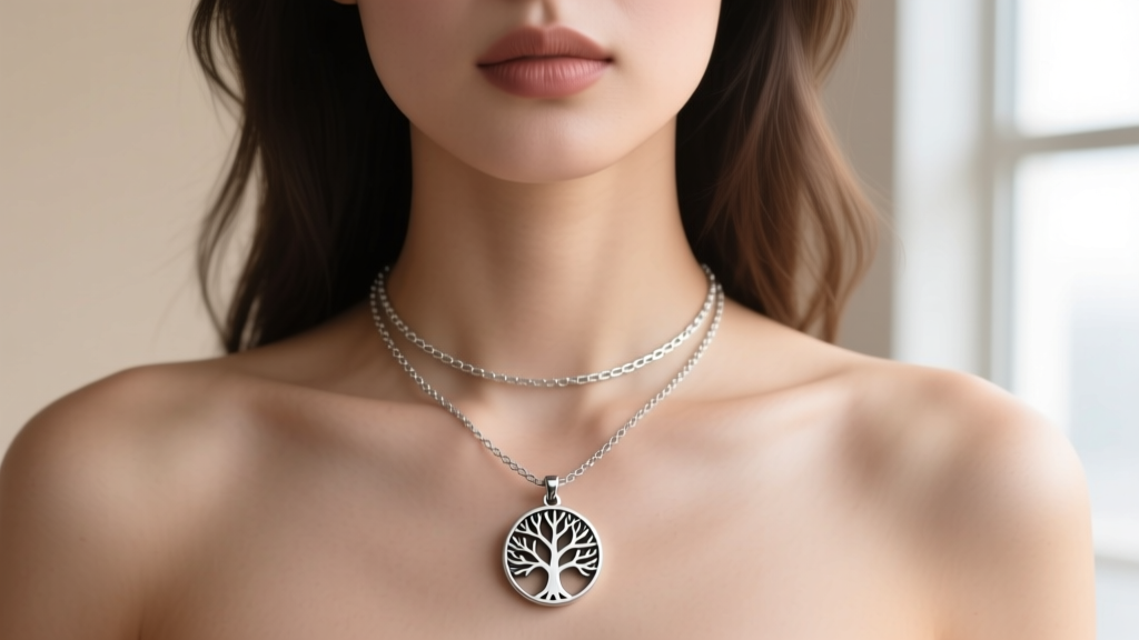 Person wearing a layered necklace setup featuring a small Attack on Titan coordinate tree pendant and a simple silver box chain.