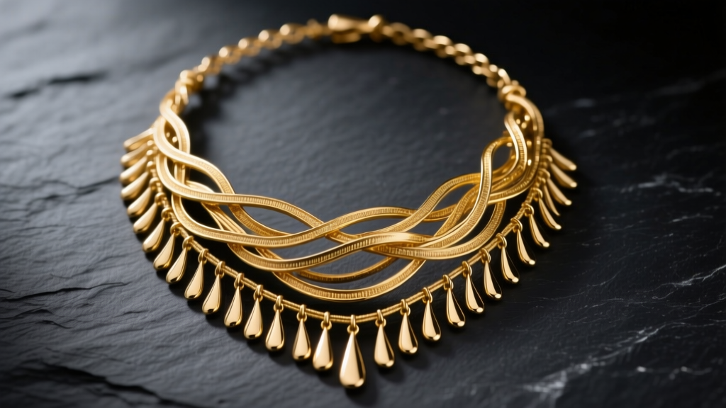Tangled 14k gold fringe necklace on dark slate, showing delicate overlapping metal drops under soft studio lighting