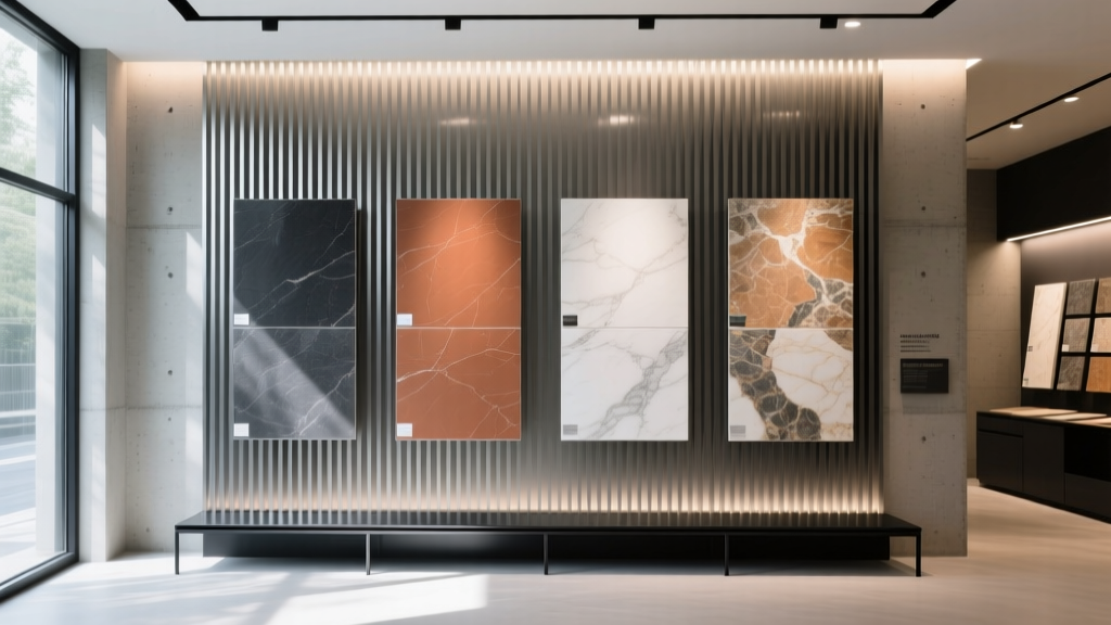 Modern showroom with illuminated extruded aluminum slatwall displays holding large format porcelain tile and stone samples