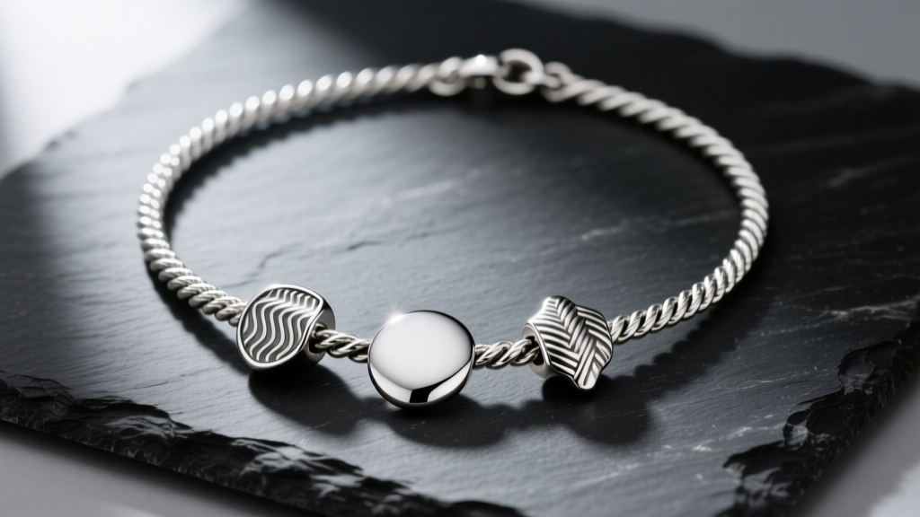Sterling silver rope chain necklace holding three distinct silver charms resting on dark slate with soft directional lighting