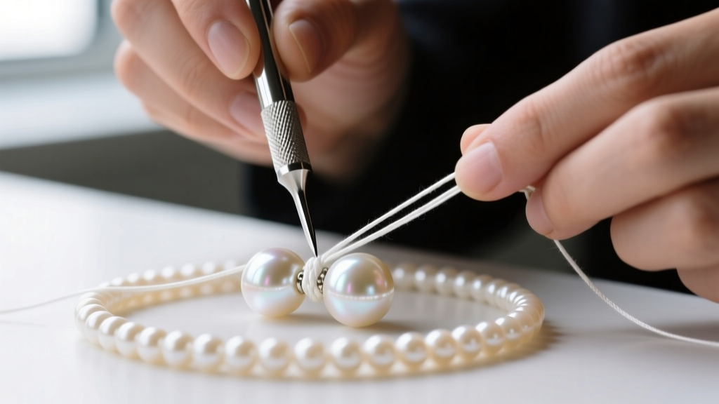 Macro shot of a jeweler using a steel awl to tighten a white silk thread knot between two cream freshwater pearls on a bead board.