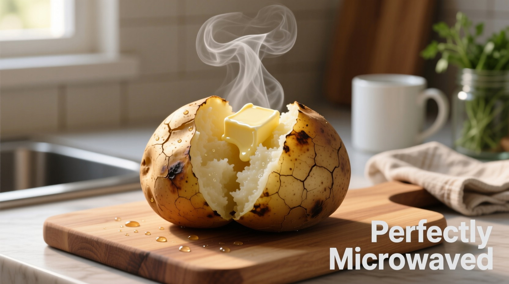 Perfectly microwaved jacket potato with steam rising