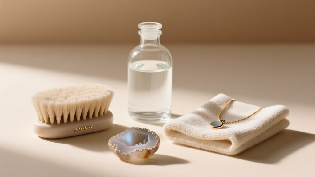 Geode necklace cleaning kit: soft goat hair brush, distilled water in a glass bottle, and a lint-free microfiber cloth.
