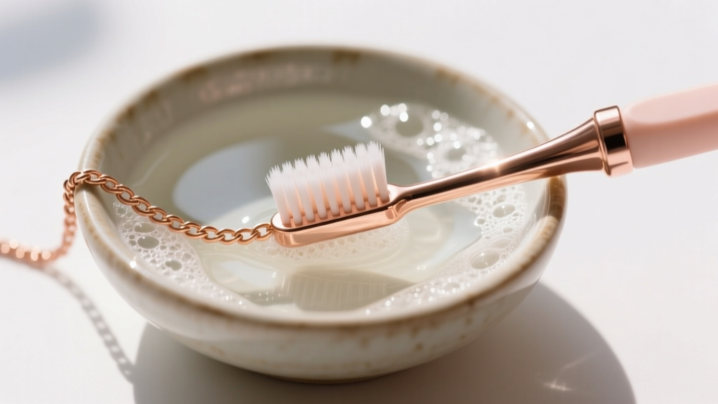 Extra-soft bristle baby toothbrush gently scrubbing a delicate 0.9mm rose gold cable chain in a small ceramic bowl of soapy water.