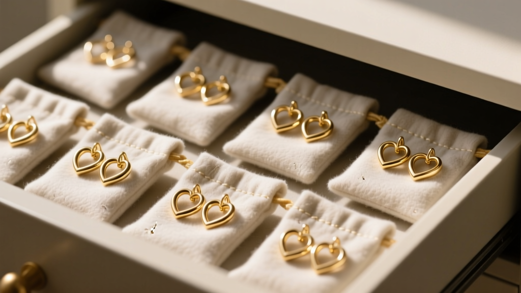 Organized drawer featuring individual anti-tarnish flannel pouches storing gold heart hoop earrings to prevent surface scratching.
