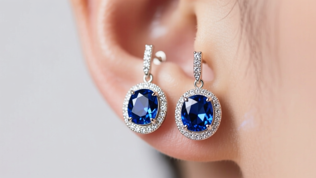 Macro shot of 18k white gold sapphire halo drop earrings on a lobe, soft studio light, royalcore editorial, detailed gem facets
