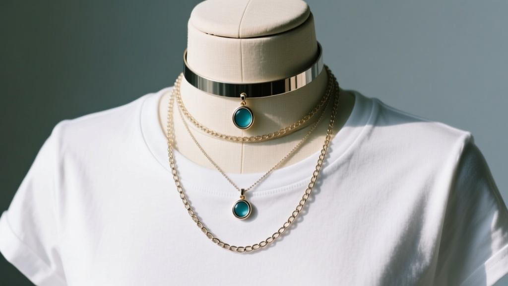 Layered stack with a 16 inch choker, 18 inch pendant, and 20 inch chain on a mannequin bust wearing a plain white cotton t-shirt.