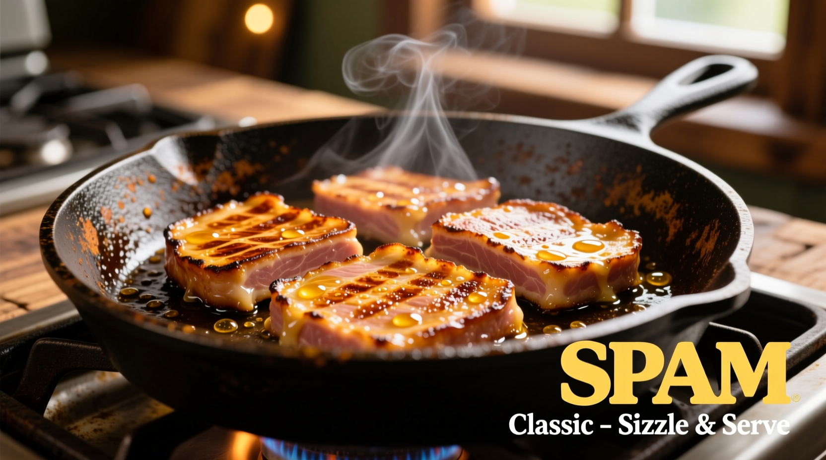 Golden brown SPAM slices sizzling in a cast iron skillet