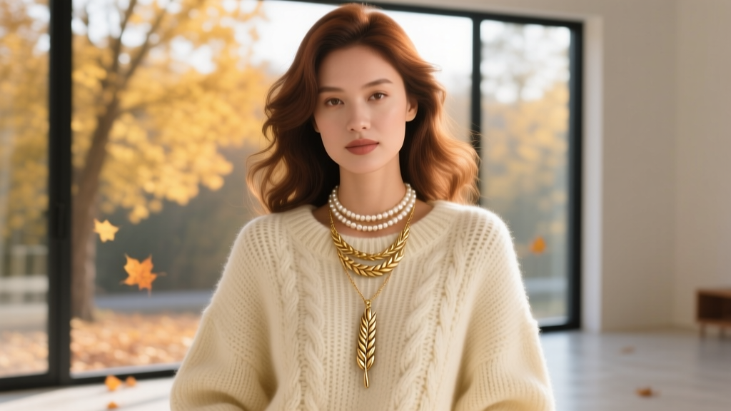 Woman wearing a layered gold wheat sheaf pendant and pearl choker necklace stack, styled with a chunky cream knit autumn sweater.