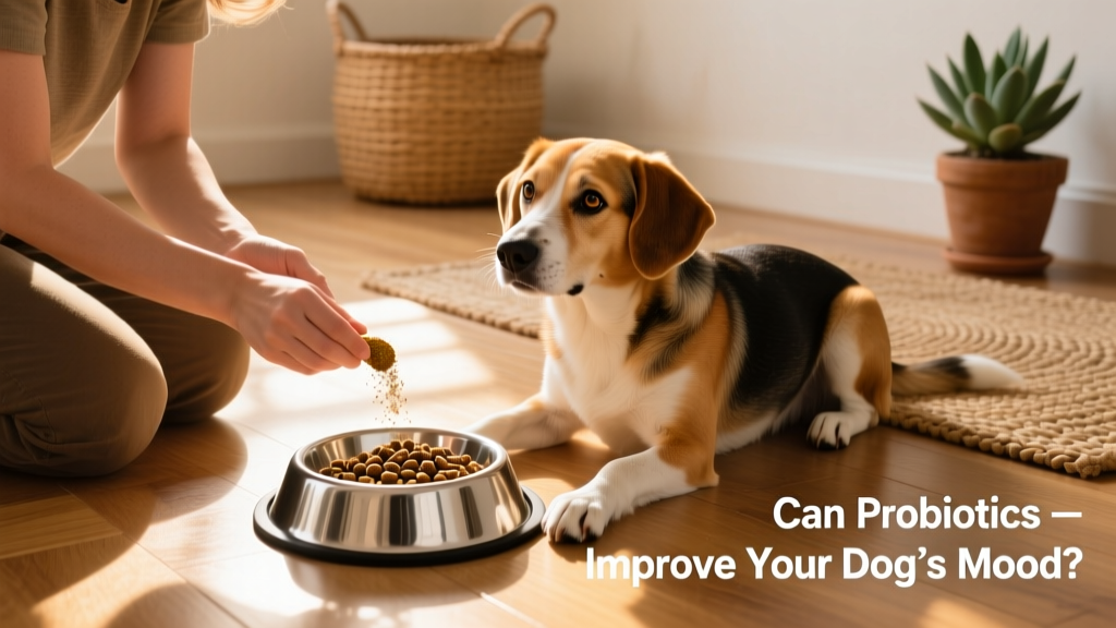 Dog owner gently sprinkling a probiotic powder supplement onto kibble in a stainless steel bowl