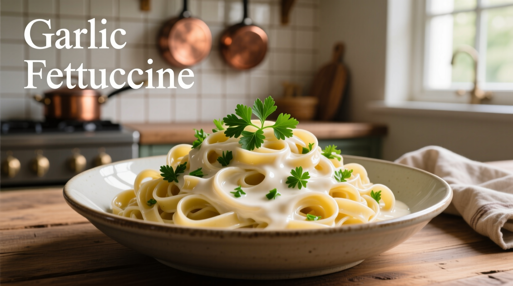 Creamy garlic fettuccine with fresh parsley garnish